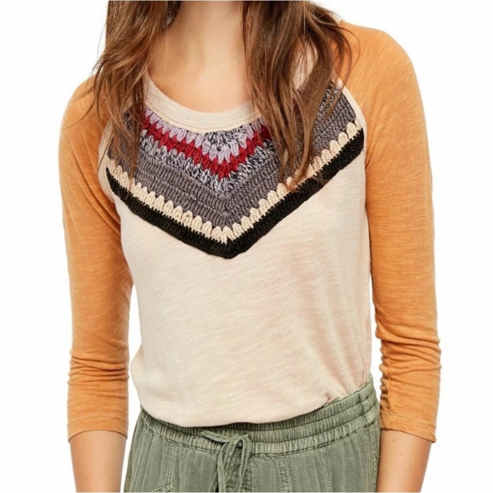 WE THE FREE Spring Bound Crochet Panel Tee Boho Shirt Size XS